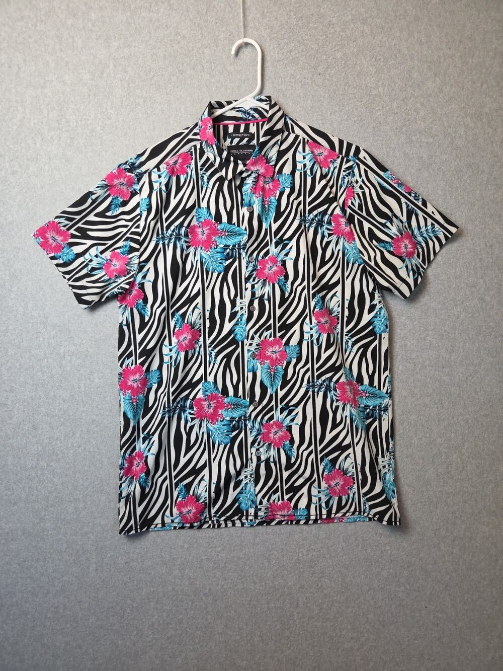 Drill Clothing Multicolor Mixed Print SS Casual Button Up Shirt Men's L Stretch